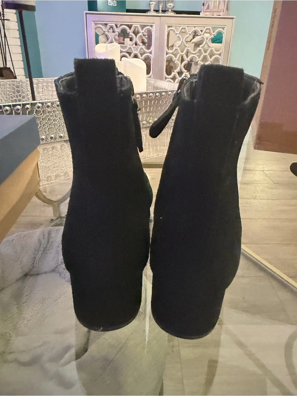 Bass Black Suede Ankle Booties with Low Block Heel